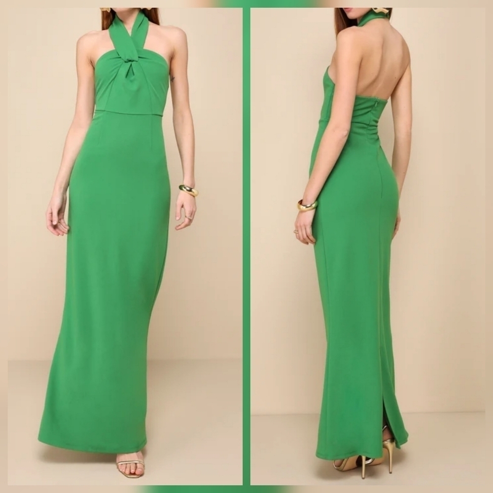 Lulus Mesmerizing Perfection Green Halter Neck Backless Maxi Dress